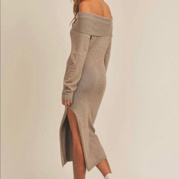 Off Shoulder Foldover Bodycon Sweater Dress Mocha Small - Picture 3 of 4